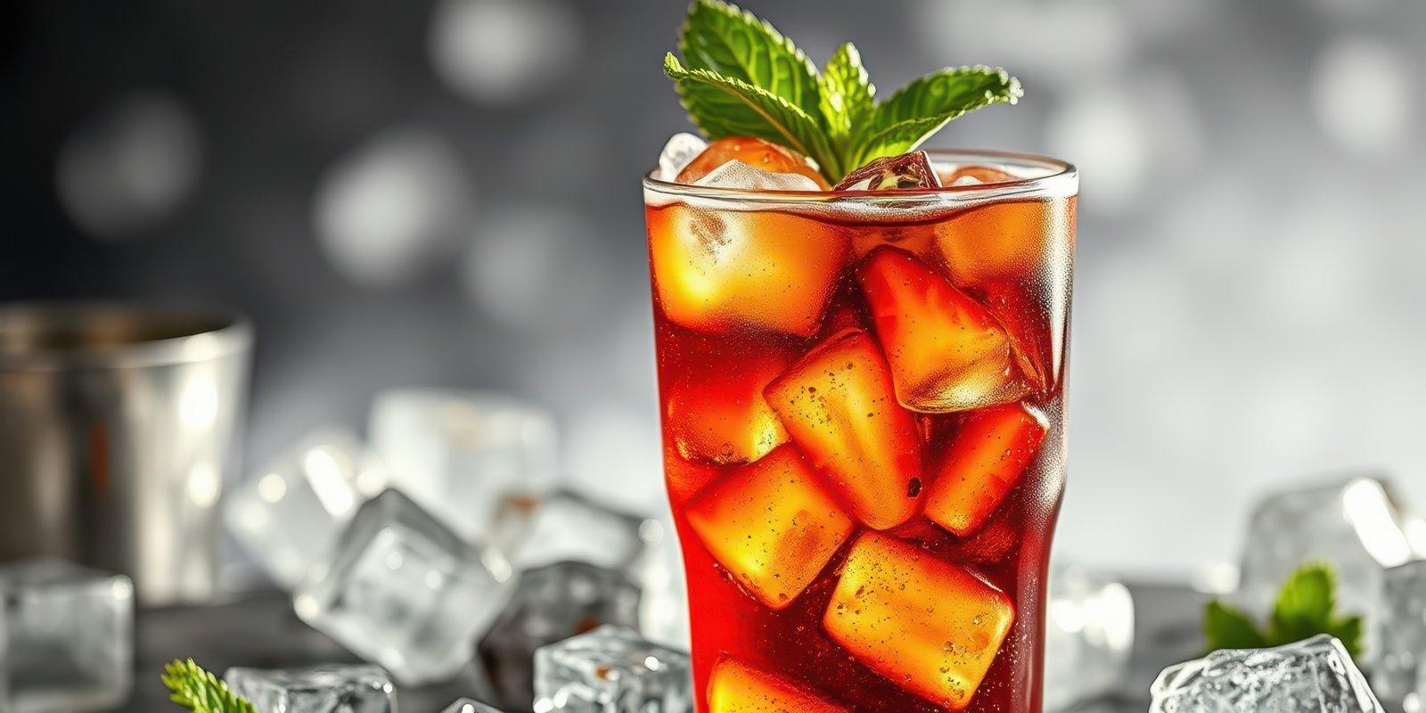 Refreshing iced tea served in a tall glass with ice cubes and mint on a sleek countertop